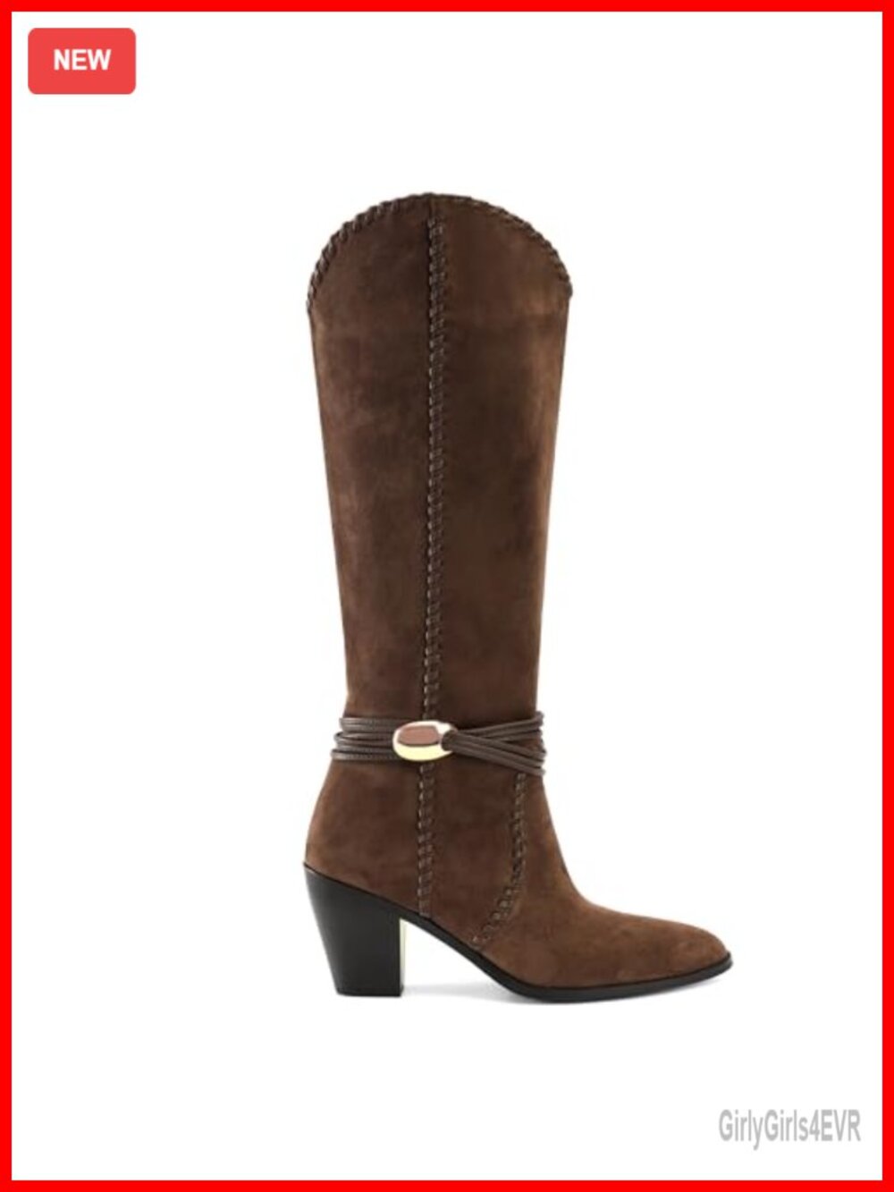 Faux Suede Knee High Cowboy Boots Pointed Toe Chunky Heel Pull On Western